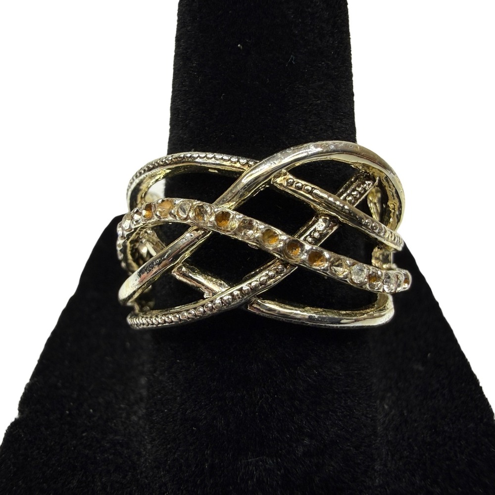 Silver Tone Pave Intertwined Criss Cross Statement Ring Clear Rhinestones Size 7